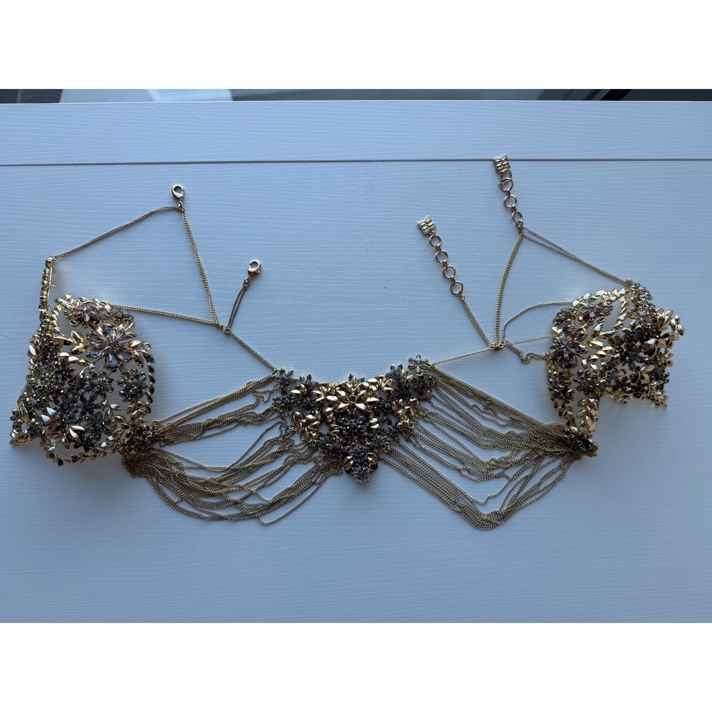 BCBGMAXAZRIA Gold Crystal Shoulder Statement Necklace Floral Body Chain Harness